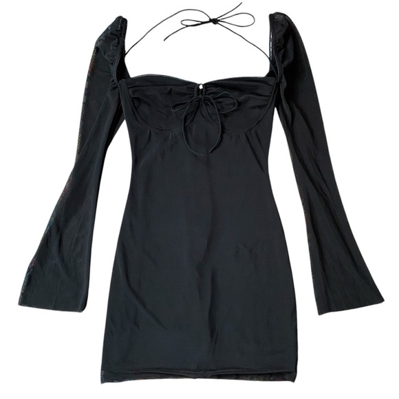 Black Mesh Y2K Style Low Cut Long Sleeve Mini Dress Size Small - Picture 1 of 7